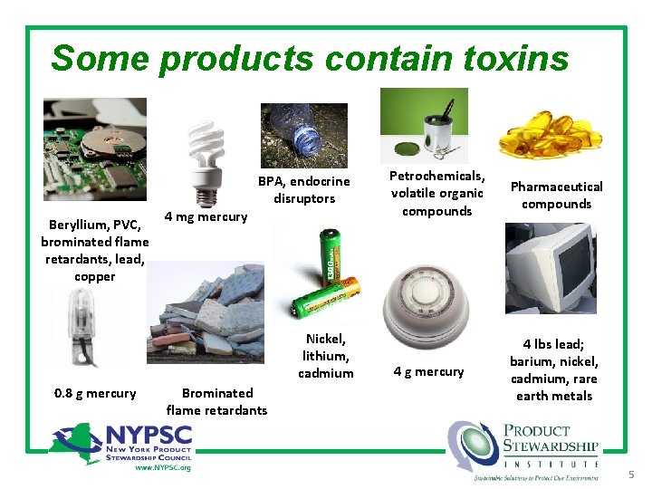 Some products contain toxins BPA, endocrine disruptors Beryllium, PVC, brominated flame retardants, lead, copper