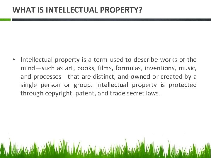 WHAT IS INTELLECTUAL PROPERTY? • Intellectual property is a term used to describe works