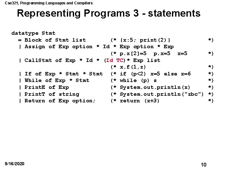 Cse 321, Programming Languages and Compilers Representing Programs 3 - statements datatype Stmt =