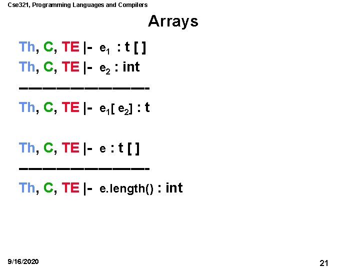 Cse 321, Programming Languages and Compilers Arrays Th, C, TE |- e 1 :