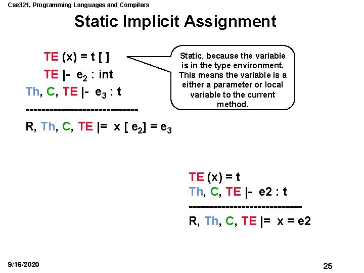 Cse 321, Programming Languages and Compilers Static Implicit Assignment TE (x) = t [
