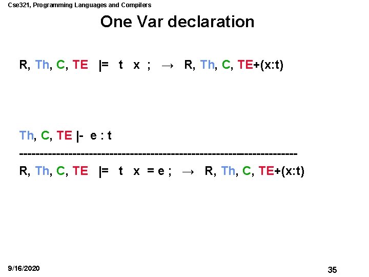 Cse 321, Programming Languages and Compilers One Var declaration R, Th, C, TE |=