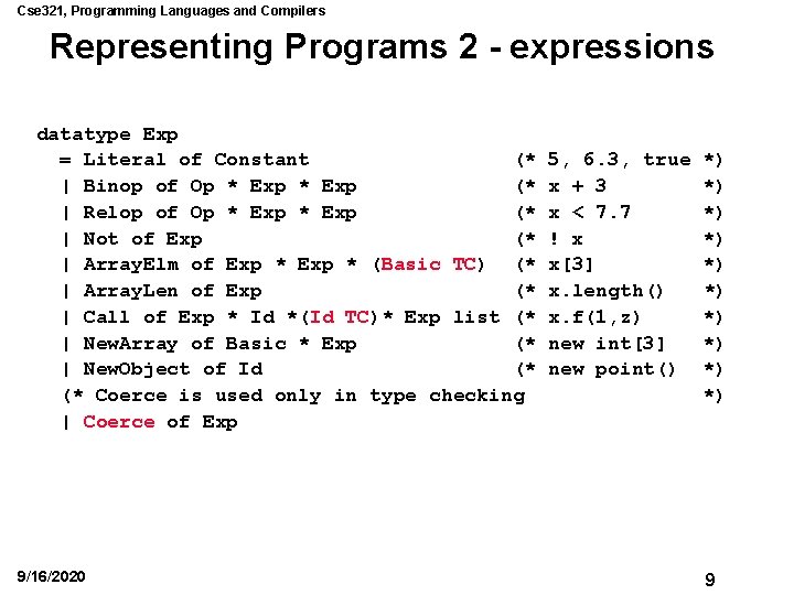 Cse 321, Programming Languages and Compilers Representing Programs 2 - expressions datatype Exp =