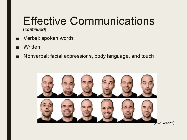 Effective Communications (continued) ■ Verbal: spoken words ■ Written ■ Nonverbal: facial expressions, body