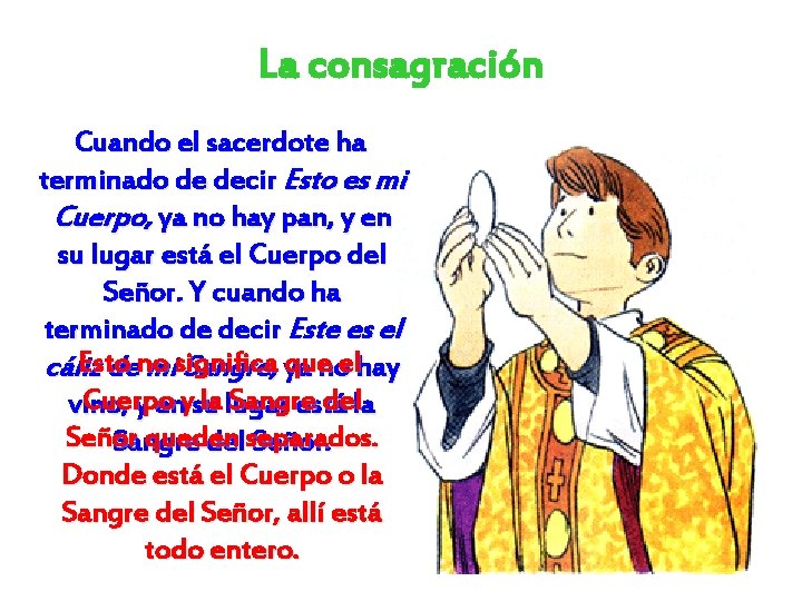 La consagración Cuando el sacerdote ha terminado de decir Esto es mi Cuerpo, ya