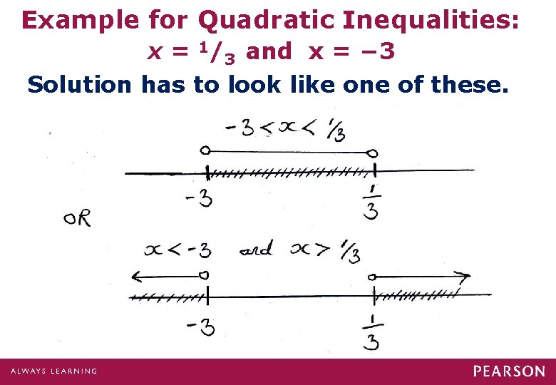 Example for Quadratic Inequalities: x = 1/3 and x = − 3 Solution has Example for Quadratic Inequalities: x = 1/3 and x = − 3 Solution has