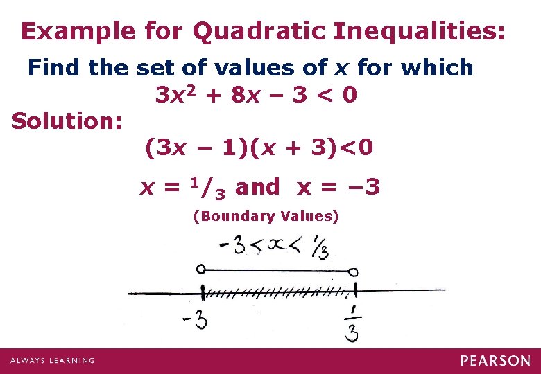 Example for Quadratic Inequalities: Find the set of values of x for which 3 Example for Quadratic Inequalities: Find the set of values of x for which 3