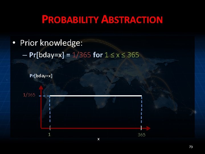 PROBABILITY ABSTRACTION • Prior knowledge: – Pr[bday=x] = 1/365 for 1 ≤ x ≤