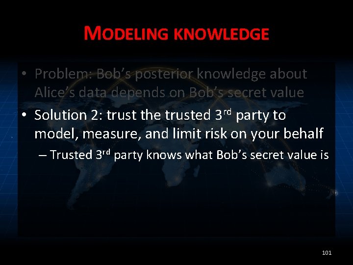 MODELING KNOWLEDGE • Problem: Bob’s posterior knowledge about Alice’s data depends on Bob’s secret