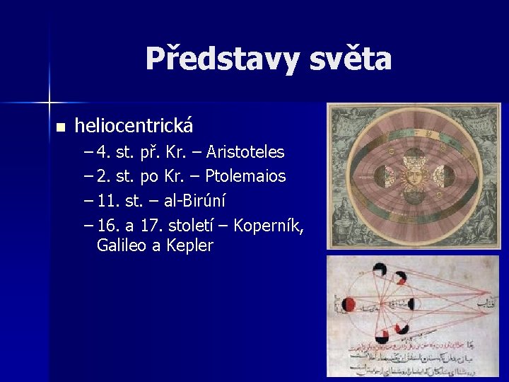 Představy světa n heliocentrická – 4. st. př. Kr. – Aristoteles – 2. st. Představy světa n heliocentrická – 4. st. př. Kr. – Aristoteles – 2. st.