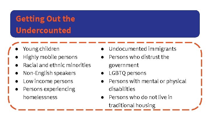 Getting Out the Undercounted ● ● ● Young children Highly mobile persons Racial and