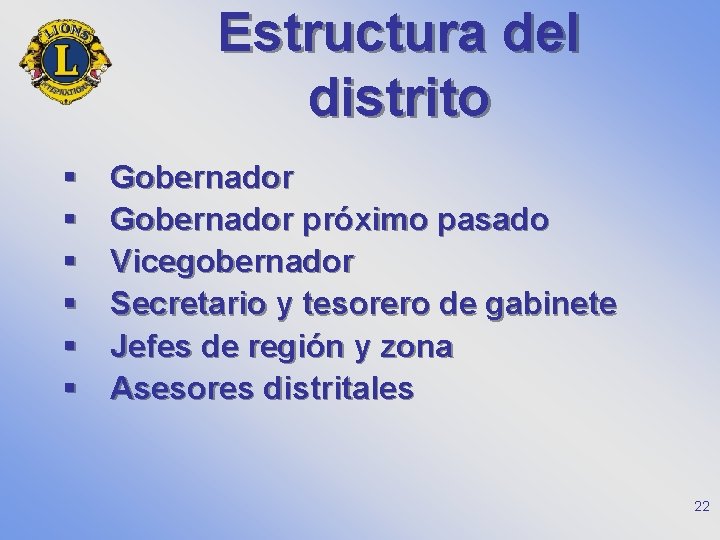 Estructura del distrito § § § Gobernador próximo pasado Vicegobernador Secretario y tesorero de