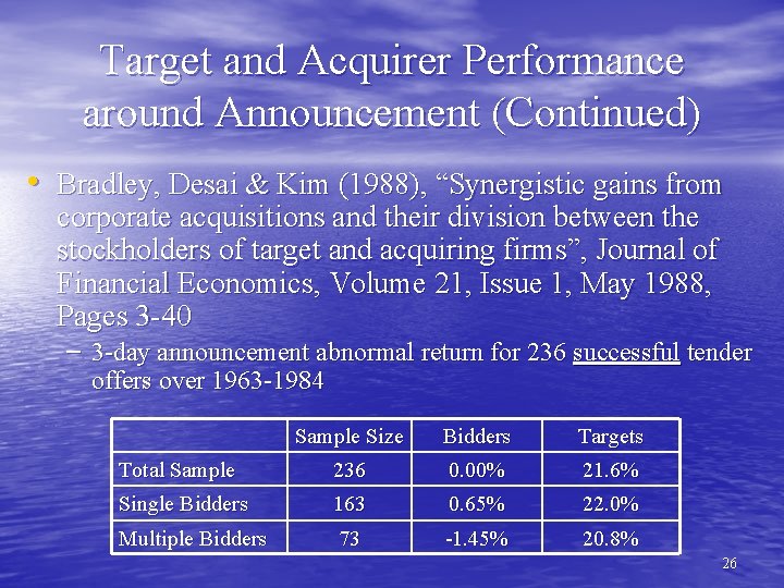 Target and Acquirer Performance around Announcement (Continued) • Bradley, Desai & Kim (1988), “Synergistic