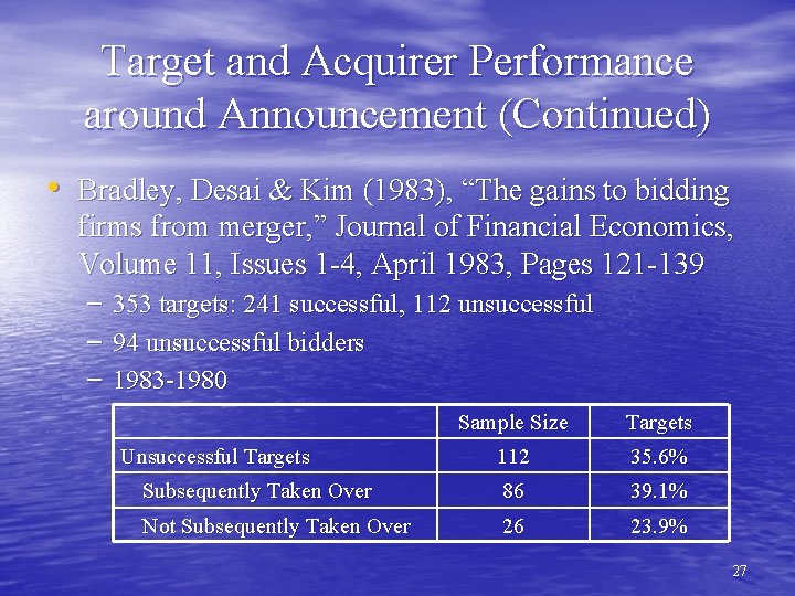 Target and Acquirer Performance around Announcement (Continued) • Bradley, Desai & Kim (1983), “The