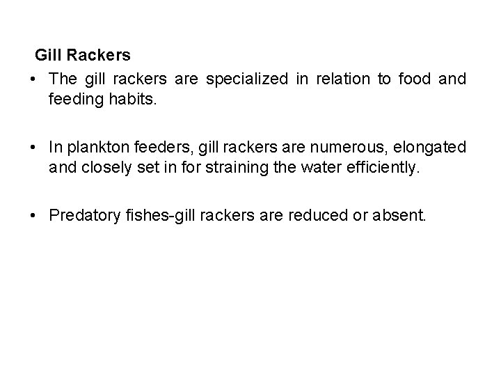 Gill Rackers • The gill rackers are specialized in relation to food and feeding