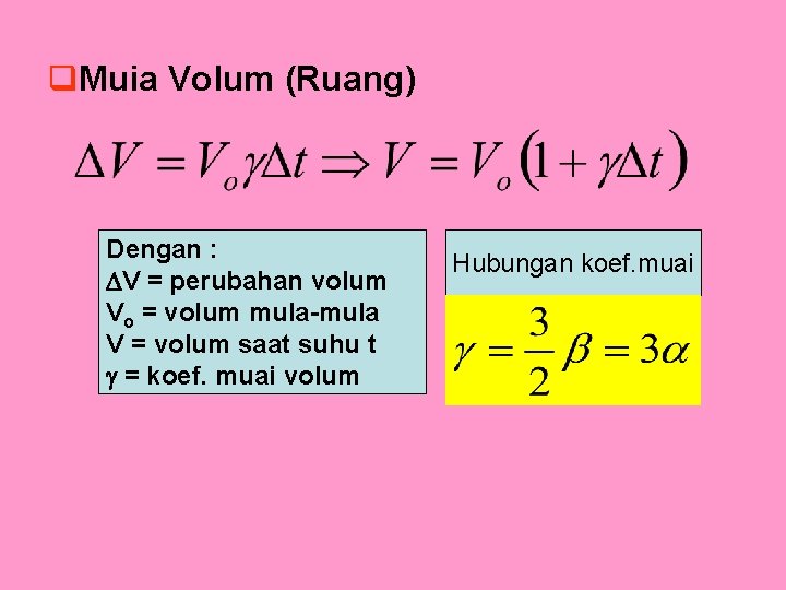 q. Muia Volum (Ruang) Dengan : V = perubahan volum Vo = volum mula-mula