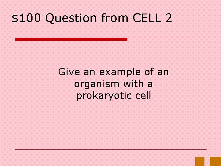 $100 Question from CELL 2 Give an example of an organism with a prokaryotic $100 Question from CELL 2 Give an example of an organism with a prokaryotic