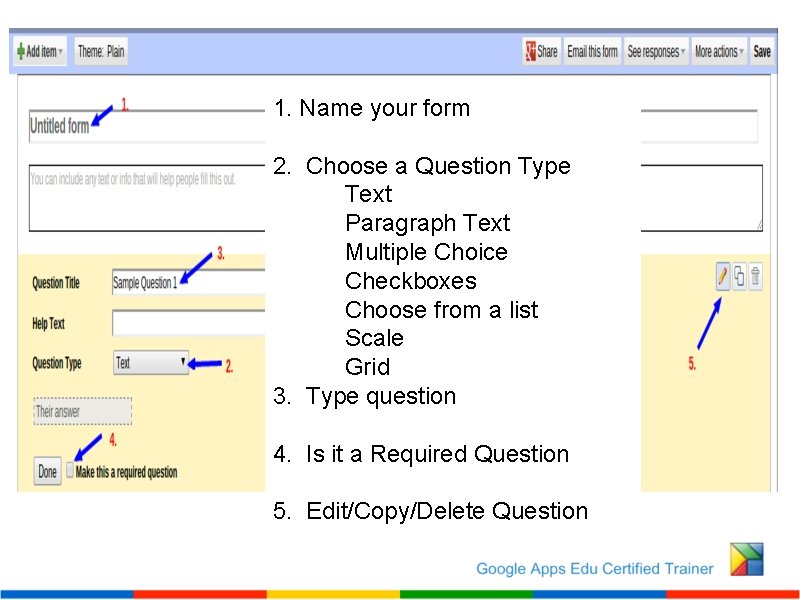 1. Name your form 2. Choose a Question Type Text Paragraph Text Multiple Choice