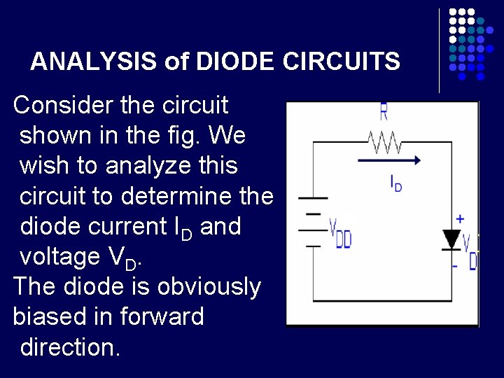 ANALYSIS of DIODE CIRCUITS Consider the circuit shown in the fig. We wish to