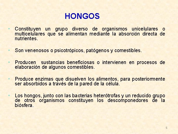 HONGOS • Constituyen un grupo diverso de organismos unicelulares o multicelulares que se alimentan