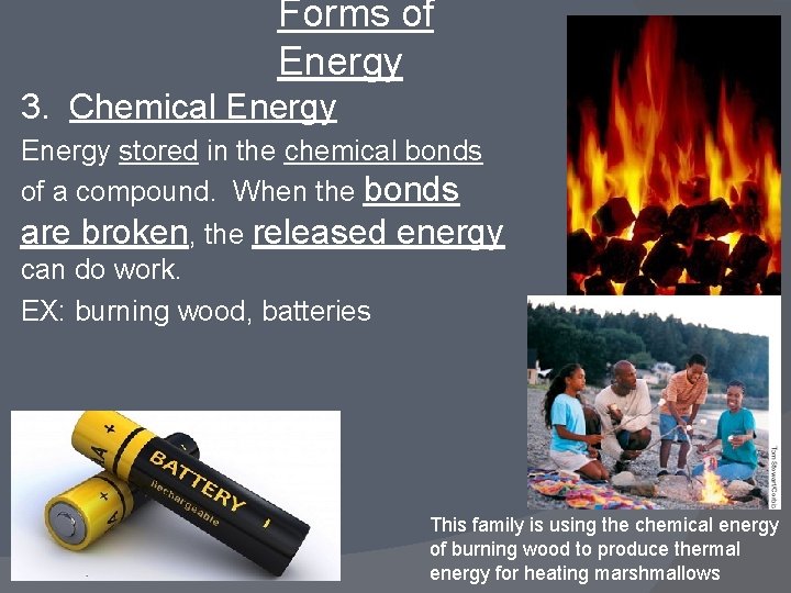 Forms of Energy 3. Chemical Energy stored in the chemical bonds of a compound.