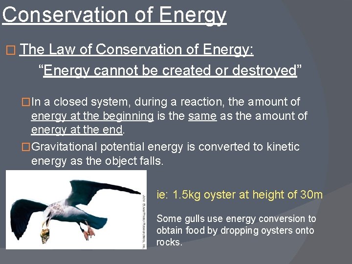 Conservation of Energy � The Law of Conservation of Energy: “Energy cannot be created