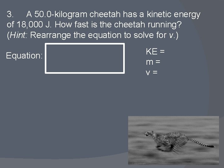 3. A 50. 0 -kilogram cheetah has a kinetic energy of 18, 000 J.