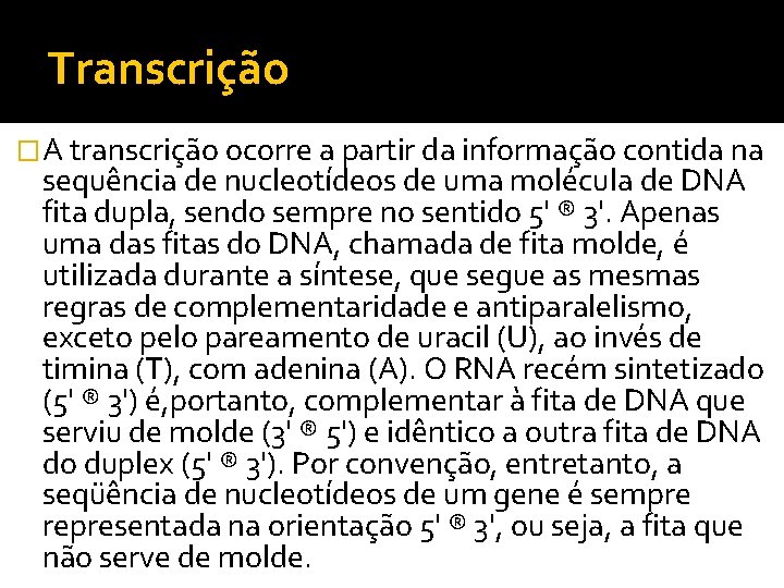 Transcrição �A transcrição ocorre a partir da informação contida na sequência de nucleotídeos de