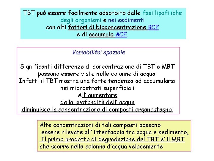 TBT può essere facilmente adsorbito dalle fasi lipofiliche degli organismi e nei sedimenti con