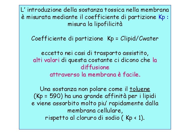 L’ introduzione della sostanza tossica nella membrana è misurata mediante il coefficiente di partizione