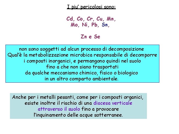 I piu’ pericolosi sono: Cd, Co, Cr, Cu, Mn, Mo, Ni, Pb, Sn, Zn