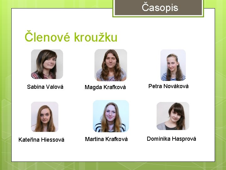 Časopis Členové kroužku Sabina Valová Magda Krafková Petra Nováková Kateřina Hiessová Martina Krafková Dominika Časopis Členové kroužku Sabina Valová Magda Krafková Petra Nováková Kateřina Hiessová Martina Krafková Dominika