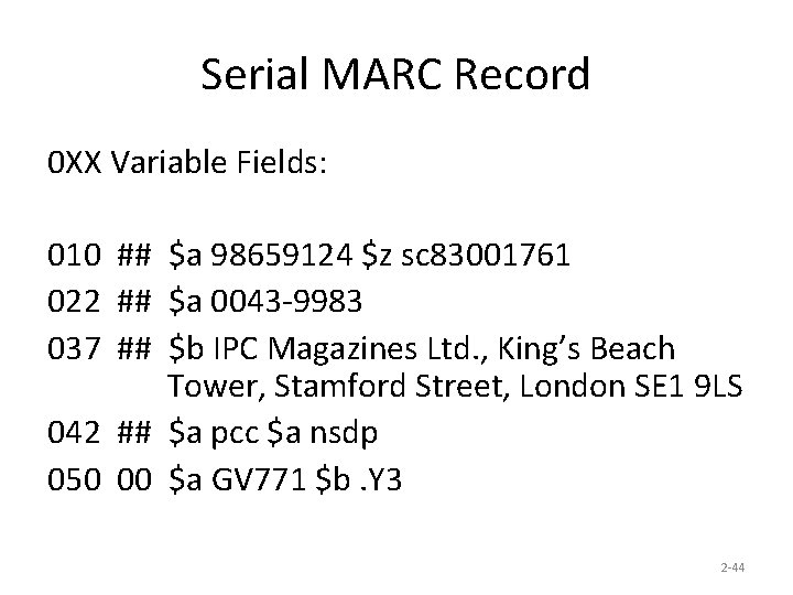 Serial MARC Record 0 XX Variable Fields: 010 ## $a 98659124 $z sc 83001761