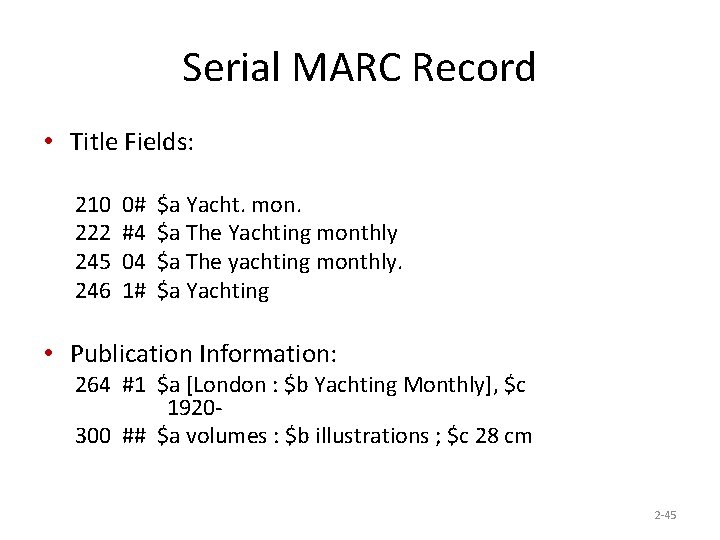 Serial MARC Record • Title Fields: 210 0# $a Yacht. mon. 222 #4 $a