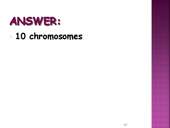 ANSWER: 10 chromosomes 47 