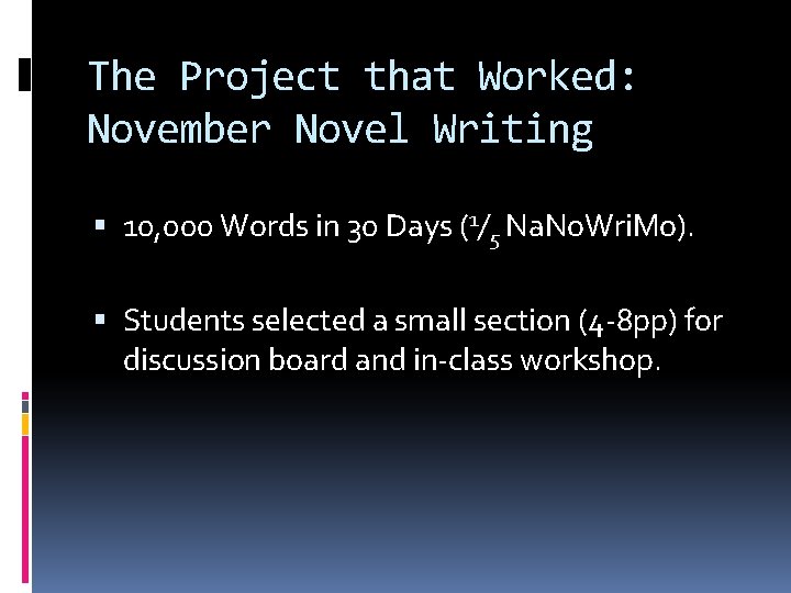The Project that Worked: November Novel Writing 10, 000 Words in 30 Days (1/5 The Project that Worked: November Novel Writing 10, 000 Words in 30 Days (1/5