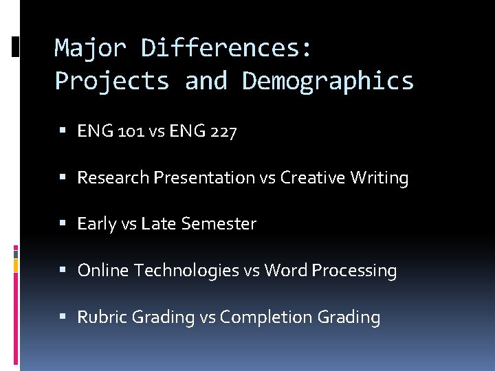 Major Differences: Projects and Demographics ENG 101 vs ENG 227 Research Presentation vs Creative Major Differences: Projects and Demographics ENG 101 vs ENG 227 Research Presentation vs Creative