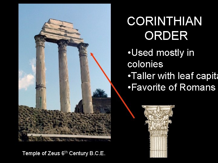 CORINTHIAN ORDER • Used mostly in colonies • Taller with leaf capita • Favorite CORINTHIAN ORDER • Used mostly in colonies • Taller with leaf capita • Favorite