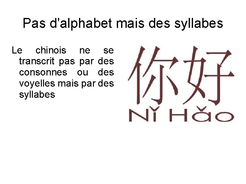 Pas d'alphabet mais des syllabes Le chinois ne se transcrit pas par des consonnes