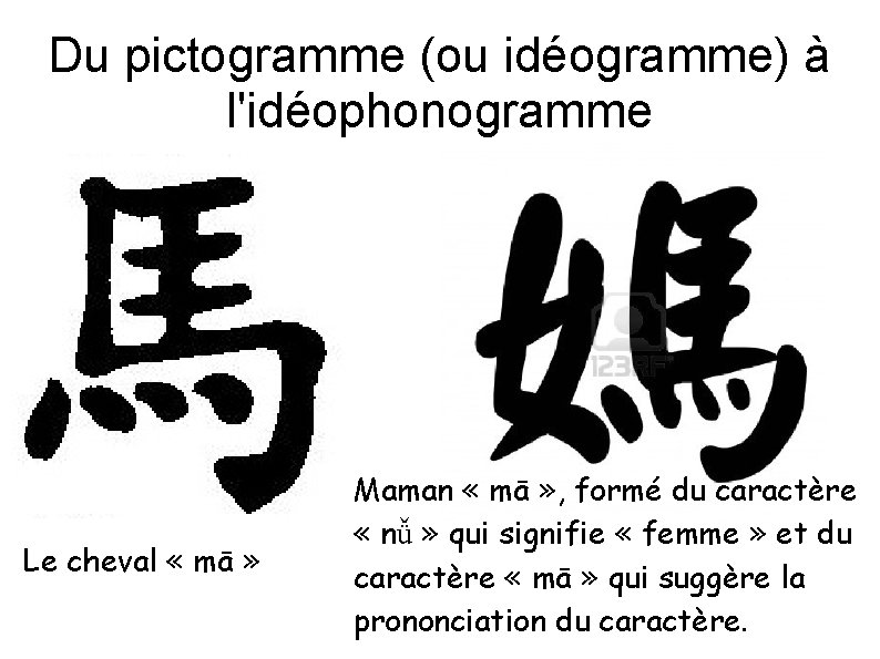 Du pictogramme (ou idéogramme) à l'idéophonogramme Le cheval « mā » Maman « mā