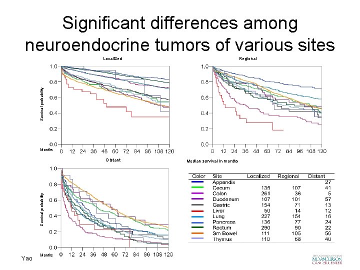Significant differences among neuroendocrine tumors of various sites Regional Survival probability Localized Months Survival