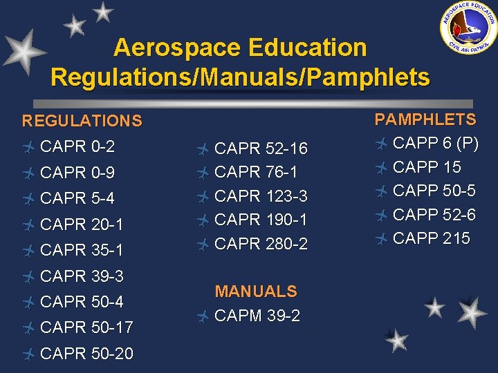 Aerospace Education Regulations/Manuals/Pamphlets REGULATIONS ñ CAPR 0 -2 ñ CAPR 52 -16 ñ CAPR