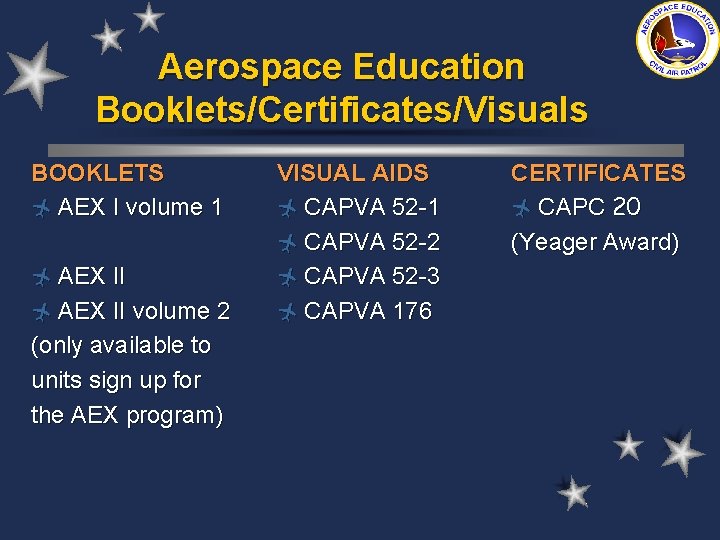 Aerospace Education Booklets/Certificates/Visuals BOOKLETS ñ AEX I volume 1 ñ AEX II volume 2
