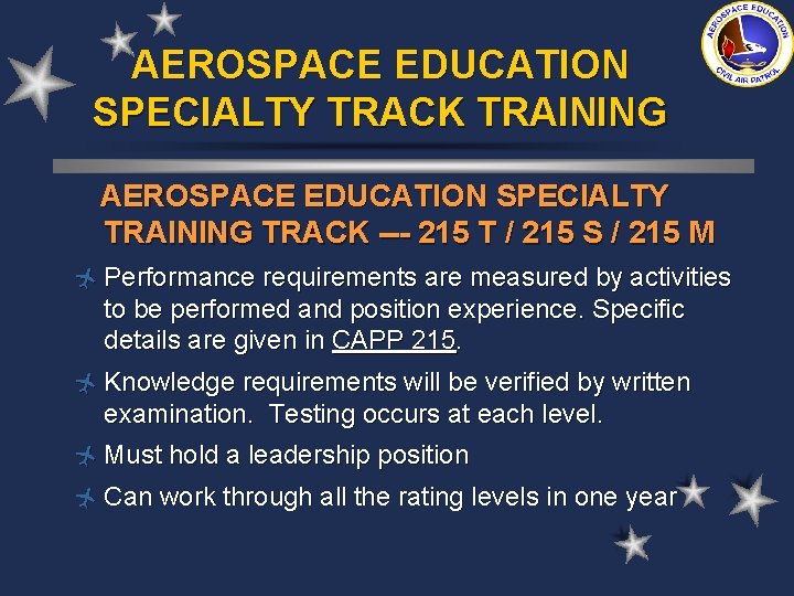 AEROSPACE EDUCATION SPECIALTY TRACK TRAINING AEROSPACE EDUCATION SPECIALTY TRAINING TRACK --- 215 T /