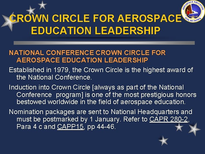 CROWN CIRCLE FOR AEROSPACE EDUCATION LEADERSHIP NATIONAL CONFERENCE CROWN CIRCLE FOR AEROSPACE EDUCATION LEADERSHIP