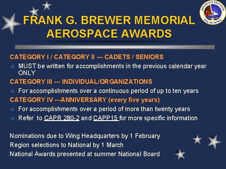 FRANK G. BREWER MEMORIAL AEROSPACE AWARDS CATEGORY I / CATEGORY II --- CADETS /