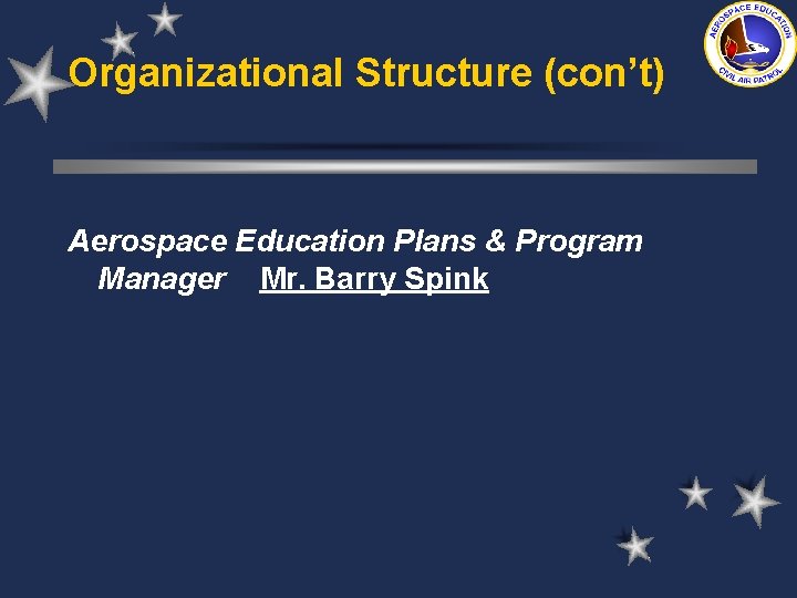 Organizational Structure (con’t) Aerospace Education Plans & Program Manager Mr. Barry Spink 