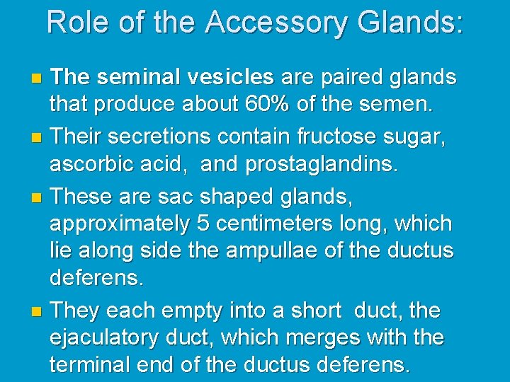Role of the Accessory Glands: The seminal vesicles are paired glands that produce about