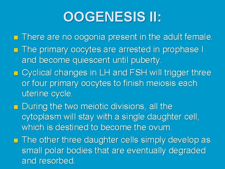 OOGENESIS II: n n n There are no oogonia present in the adult female.
