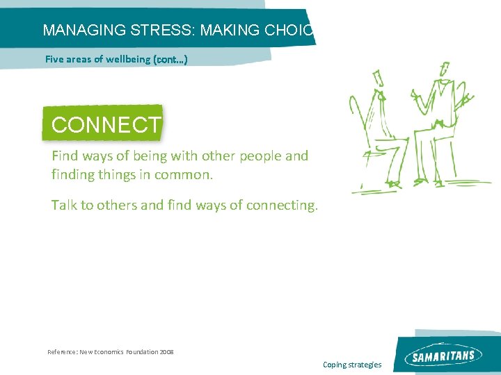 MANAGING STRESS: MAKING CHOICES Five areas of wellbeing (cont…) CONNECT Find ways of being